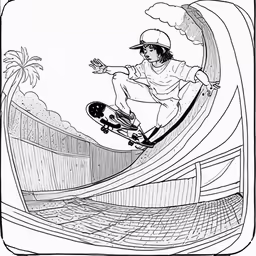 an artistic drawing shows the skater skateboarding down a ramp