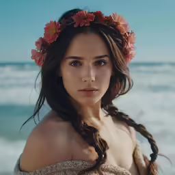 the beautiful woman is posed with a long braid