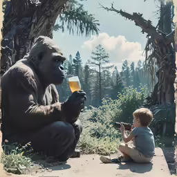 a boy takes a photo with a giant gorilla holding a beer