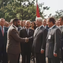 several men in suits shaking hands with other men