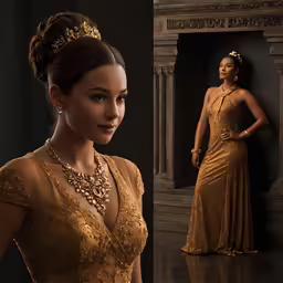 a woman in gold dress standing next to a mirror