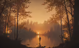 person with arms and legs standing at the edge of a lake with the sun behind them in the forest