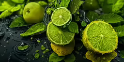 lime slices, leaves and water droplets on black surface
