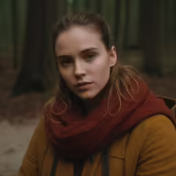a woman standing in a wooded area wearing a scarf
