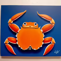 an orange crab with two eyes and a beak on blue paper