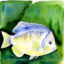 a blue fish is swimming on some water,a blue fish is in the green water