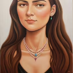a painting of a woman with brown hair and jewels on her neck,painting of a woman with long dark hair wearing diamond necklace,a woman wearing a black dress with an ornate necklace,the painting shows an image of a woman with long brown hair wearing pearls and a tiara, as well as two earrings,a portrait of a beautiful young woman with long brown hair, wearing pearls and necklace