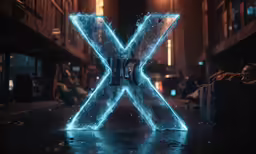 the illuminated x letter in the middle of a dark street