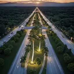 a highway that has a road lined with trees in it