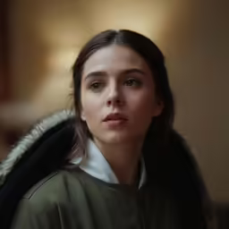 the woman has long hair and is wearing green jacket