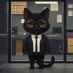 a cartoon black cat wearing glasses in an office