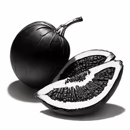 a piece of black fruit with some cut in half