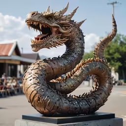 a statue in the shape of a dragon sitting on top of cement blocks