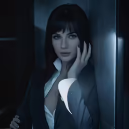 a woman in a suit with a light on her face