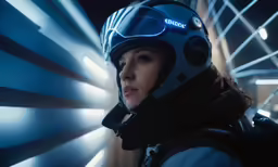 a woman wearing a helmet standing in a tunnel
