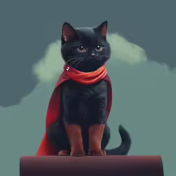 a black cat wearing a red scarf on top of a piece of wood