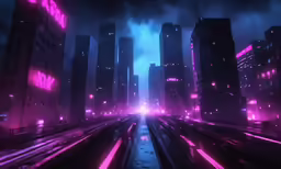 a futuristic cityscape at night with skyscrapers and neon lights