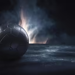 a soccer ball sitting in the middle of a dark room