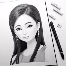 a pencil and a pencil drawing of a woman with long hair