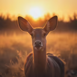 the sun rises behind a small deer in a grassy area
