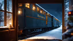 the front of a train that is traveling in the snow,a train is riding along the snowy tracks
