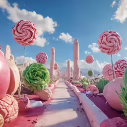 a long path between several pink, green and yellow desert