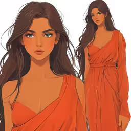 a drawing of a young girl in a red dress