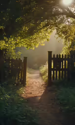 a sunny pathway in the woods leading to a gate