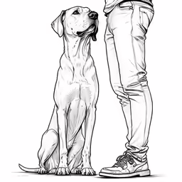 a man standing next to his dog while looking up