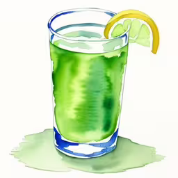 the blue and white glass has a slice of lime and orange,a painting of a glass with lime water