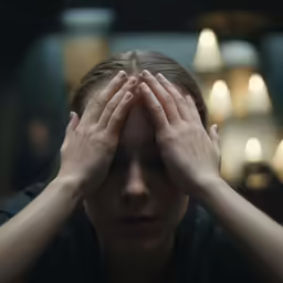 the woman is holding her hands up to her face