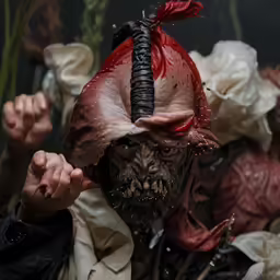 the scary villain with a long, red and black beard has blood on his face