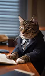 a cat dressed up in a suit and tie sitting at a desk