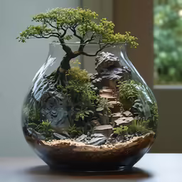 a bowl of rocks and water with a bonsai tree in it