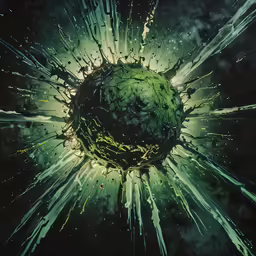 a ball in the middle of a green field surrounded by water