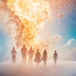 a group of people are standing in the clouds and watching something fire up