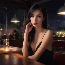 woman sitting at bar wearing dress and holding hand on her shoulder