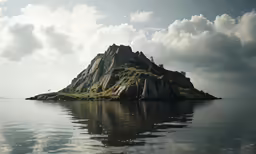 a rock formation in the middle of the water with grass on top
