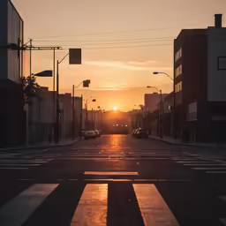 the sun is setting as seen from the street