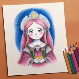 a drawing on paper with colored pencils next to it,a drawing of a little princess with pink hair