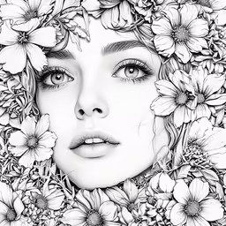 a black and white drawing of a girl with flowers on her head