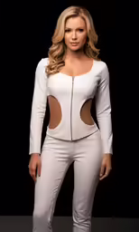 the beautiful woman is posing in white