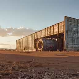 a large metal truck is loaded with big black objects