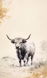 an animal stands in the dirt, with very big horns