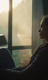 a woman sitting and looking out the window at trees