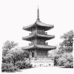 a pagoda standing above water with trees in the background