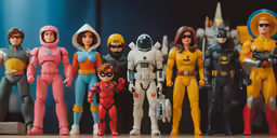 action figures and other toys are arranged on a table