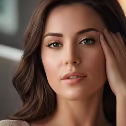 an attractive woman poses with her hand on her face