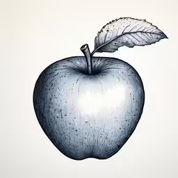 an apple with a green leaf and some white background