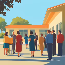 a cartoon shows a group of people standing outside of a building